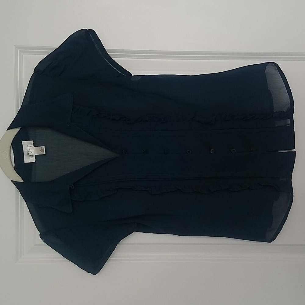 Dark Teal LOFT sheer blouse with ruffled front